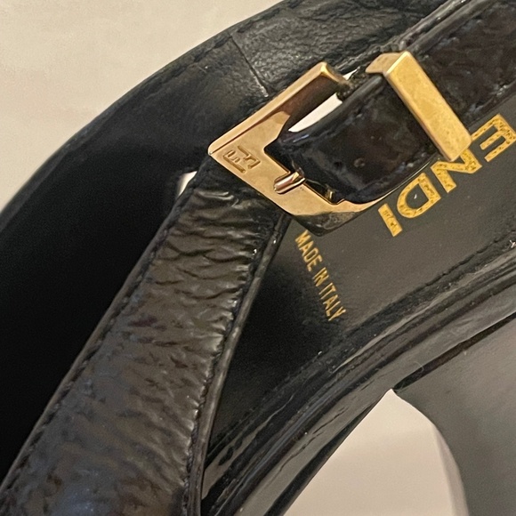 Fendi Logo Platform Peep-Toe Heels 38.5 Leather Bow Details Gold FF Buckle - Picture 10 of 16